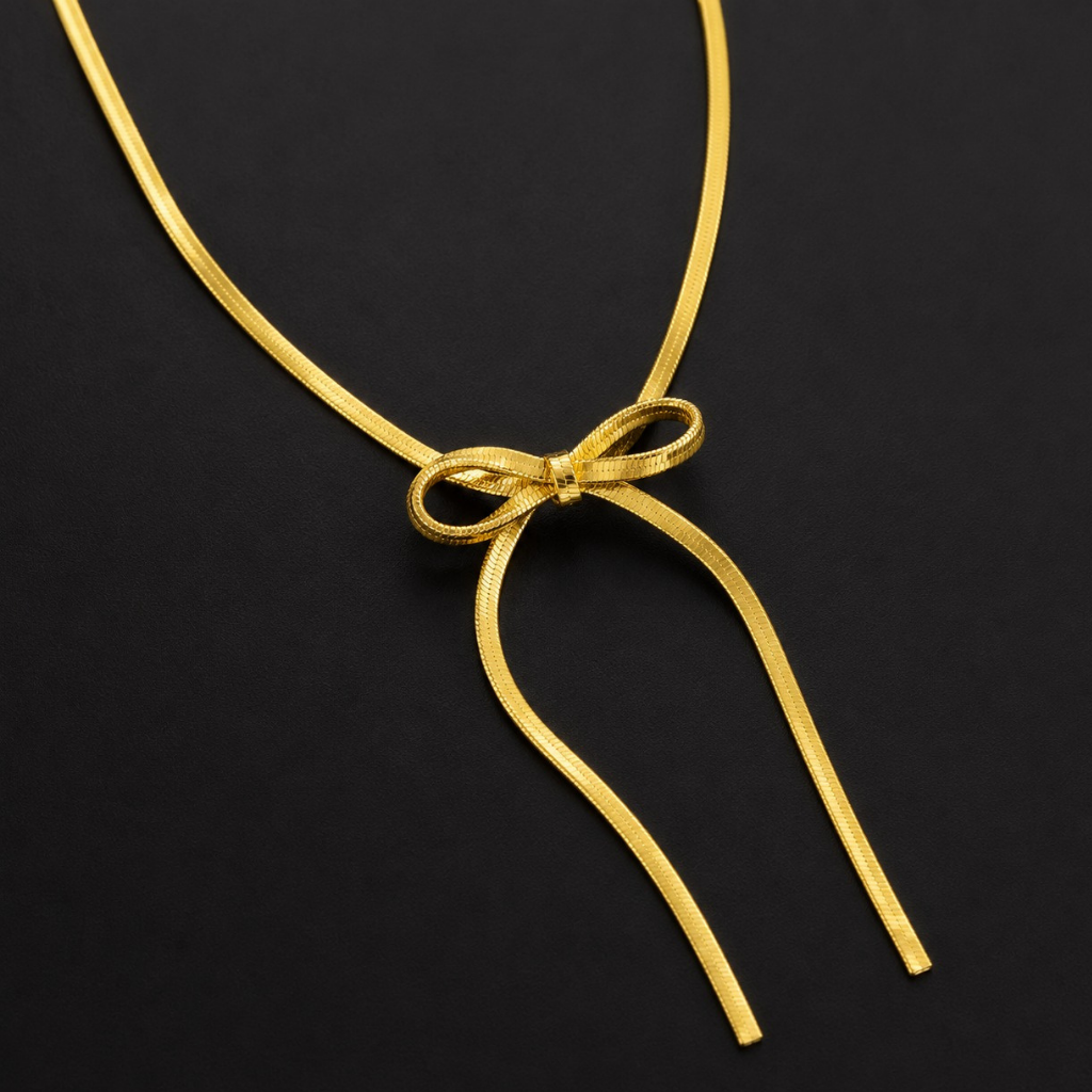 Golden Bow Lariat Necklace with Ribbon Chain