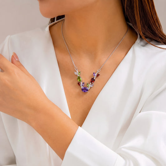 Aurora Bloom Necklace-Multicolor Crystal Leaf Pendant