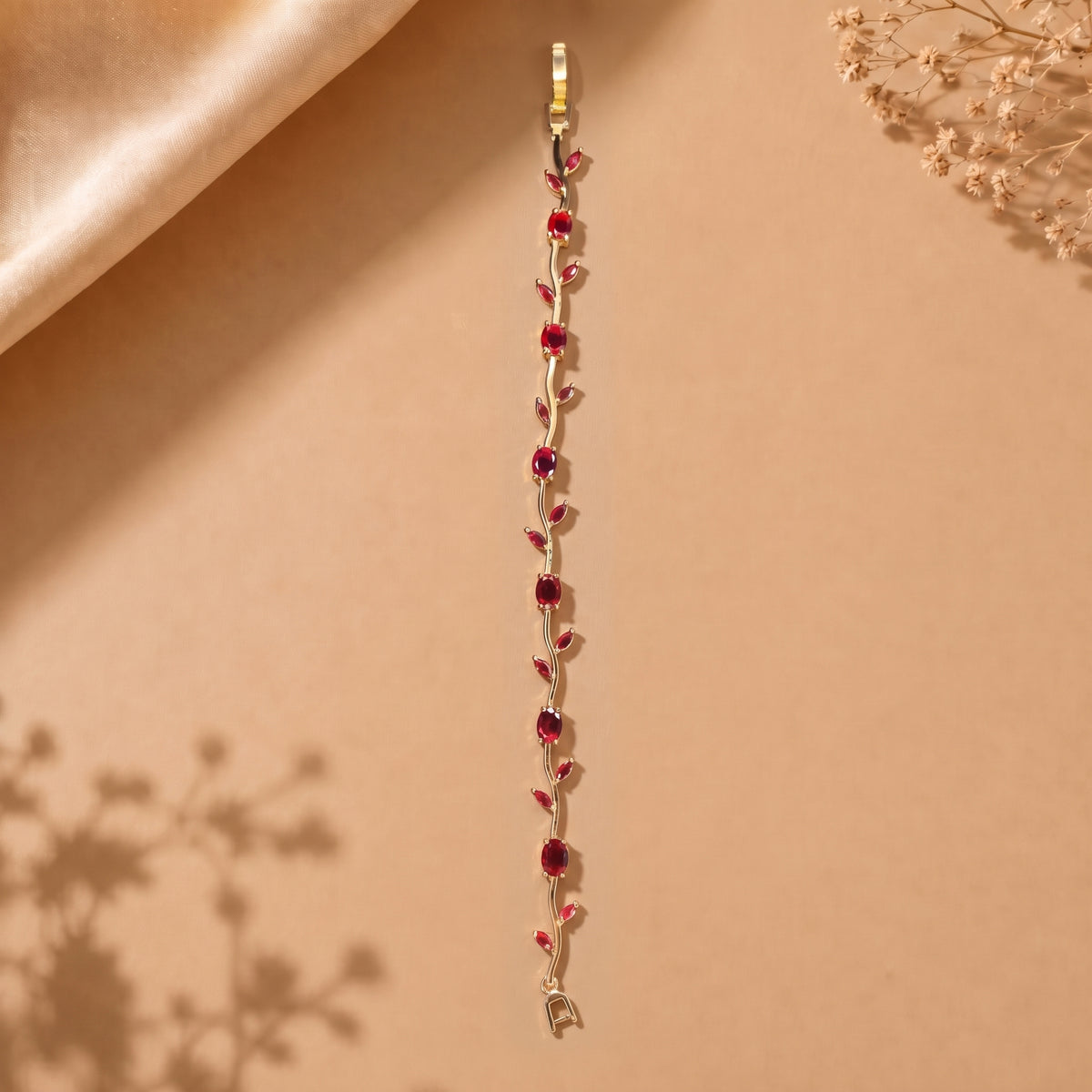 Ruby Vine Bracelet–Red Crystal Leaf Charm