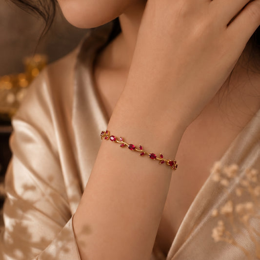 Ruby Vine Bracelet–Red Crystal Leaf Charm