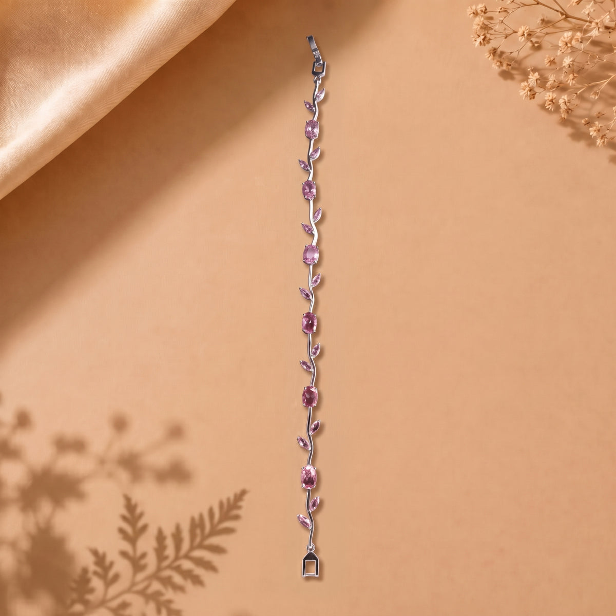 Blush Vine Bracelet Pink Crystal Leaf Charm