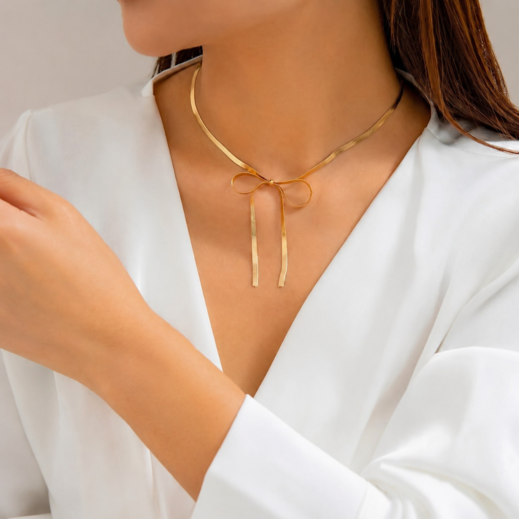 Golden Bow Lariat Necklace with Ribbon Chain