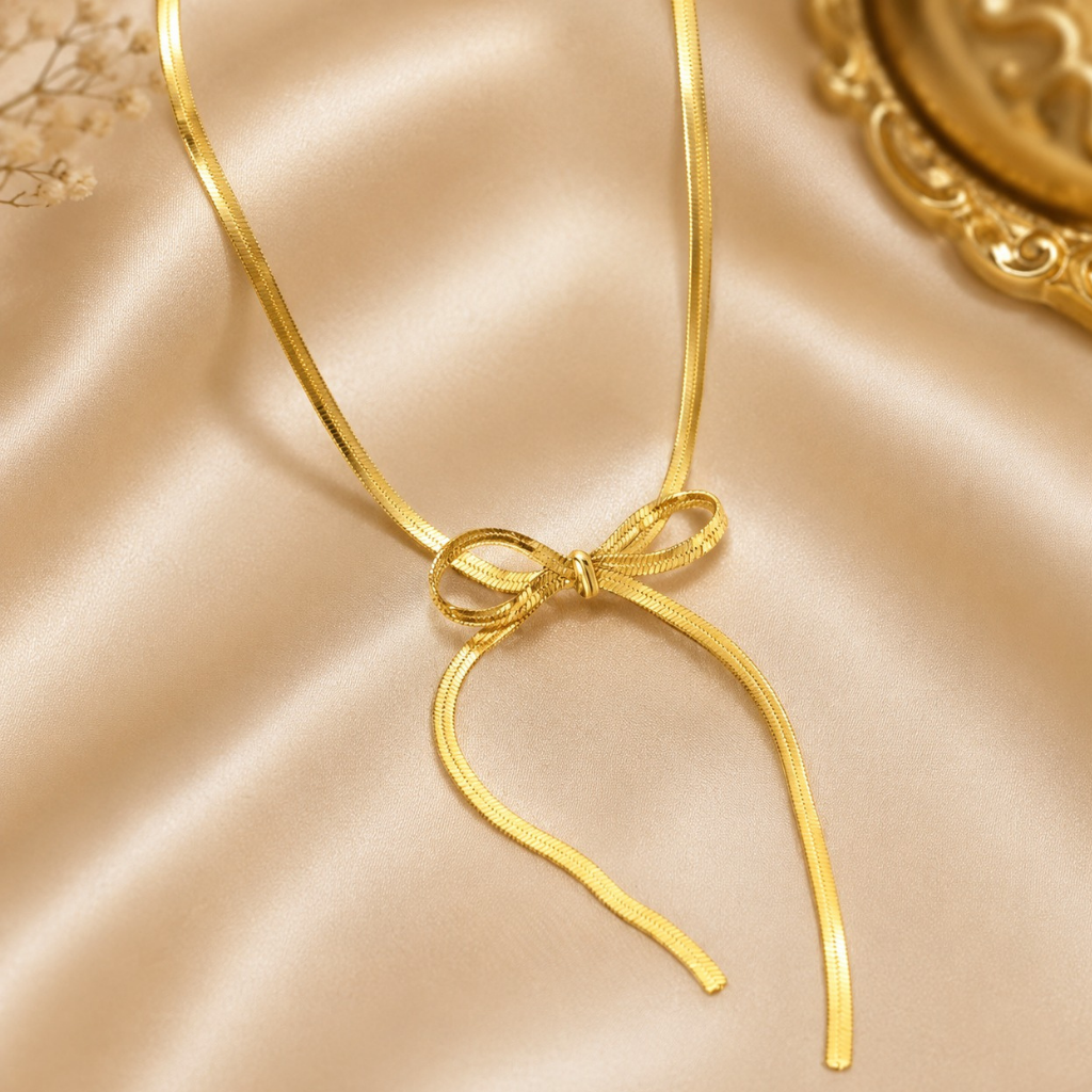 Golden Bow Lariat Necklace with Ribbon Chain