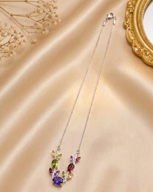 Aurora Bloom Necklace-Multicolor Crystal Leaf Pendant